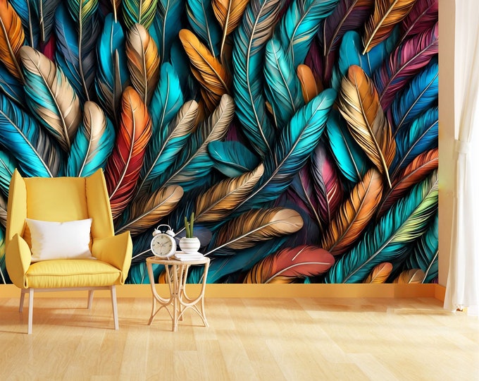 Colorful feathers leave Pattern 3d abstraction Gift, Art Print Photomural Wallpaper Mural Easy-Install Removeable Peel and Stick Decal Art