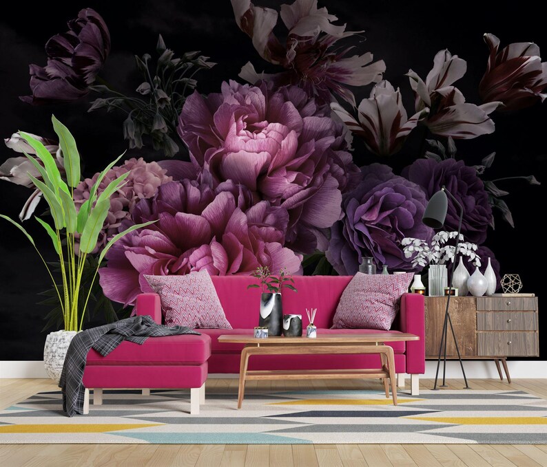Baroque Peonies Wallpaper Mural, Rich Deep Colors, Removable Wall Decal ...