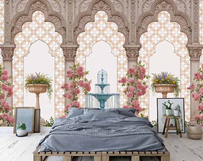 Indian Garden Decoration Islamic Arches Gift, Art Print Photomural Wallpaper Mural Easy-Install Removeable Peel and Stick Large Wall Decal