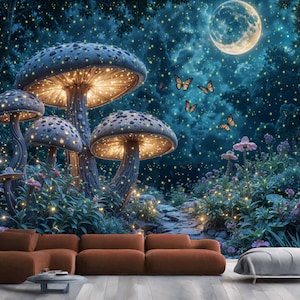 Enchanted Forest Luminous Mushrooms Gift, Art Print Photomural Wallpaper Mural Easy-Install Removeable Peel and Stick Large Wall Decal Art