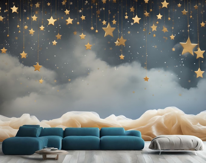 Stardust, Starlight in Yellow Brown and Blue Gift, Art Print Photomural Wallpaper Mural Easy-Install Removeable Peel and Stick Large Decal