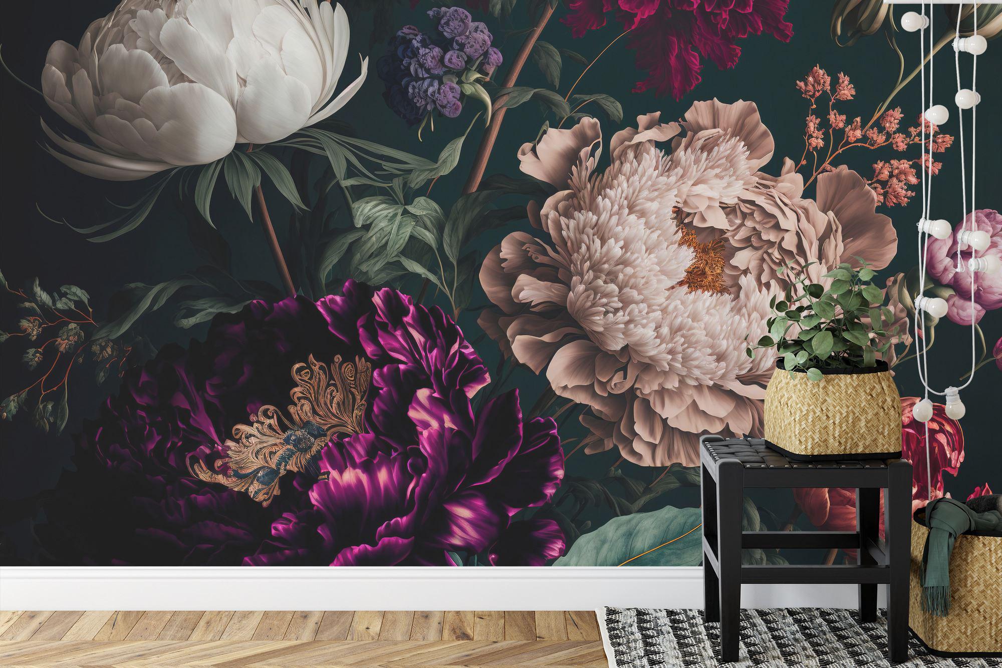 Baroque Peonies Wallpaper Mural, Rich Deep Colors, Peel and Stick Art ...