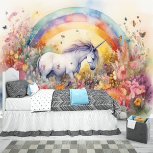 Magical Unicorn in field of flowers, butterfly, AI, Girls Room Decor Easy-Install Wall Mural Wallpaper Peel and Stick Modern Art Washable