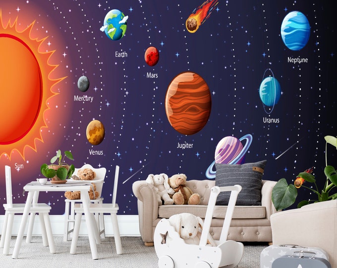 Kids Room Wallpaper Baby Art Print Photomural Solar System Educational Decor Easy-Install Removable Peel & Stick High Quality Washable Vlies