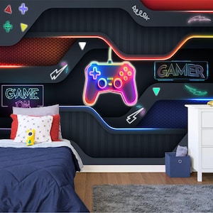 Gaming Room Game Playing Kids Room Decor Gift, Art Print Photomural Wallpaper Mural Easy-Install Removeable Peel and Stick Large Wall Decal