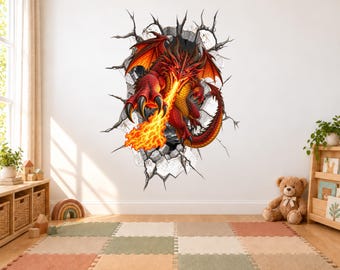 Vinilo decorativo de pared con diseño de dragón 3D, decoración de pared para habitación infantil con dragón que escupe fuego