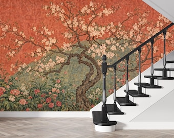 Coral Blossom Tree Garden Art Wallpaper Mural, Peel and Stick