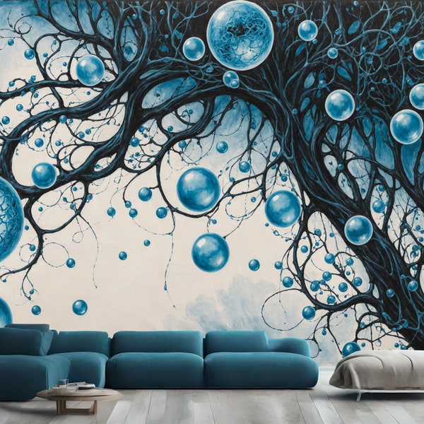 Whimsical Blue Surreal Tree Modern Decor Gift, Art Print Photomural Wallpaper Mural Easy-Install Removeable Peel and Stick Large Wall Decal