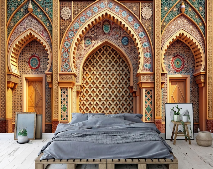 Arabian Nights Decoration Islamic Arches Gift, Art Print Photomural Wallpaper Mural Easy-Install Removeable Peel and Stick Large Wall Decal