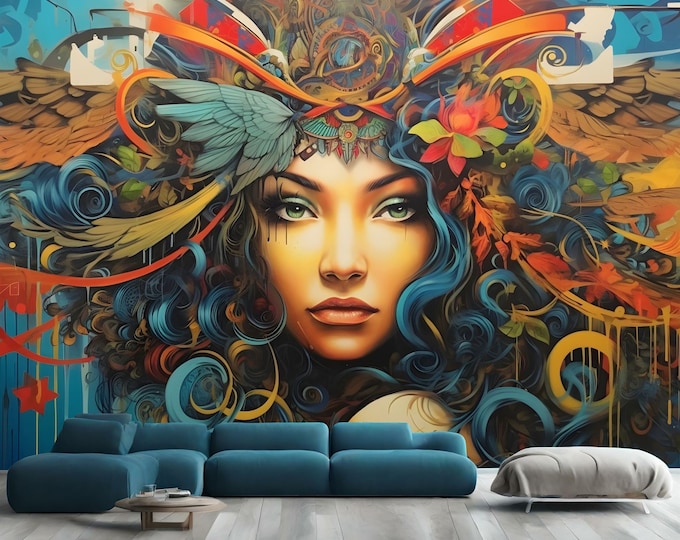 Woman Face Graffiti Drawings Modern Decor Gift, Art Print Photomural Wallpaper Mural Easy-Install Removeable Peel and Stick Large Wall Decal