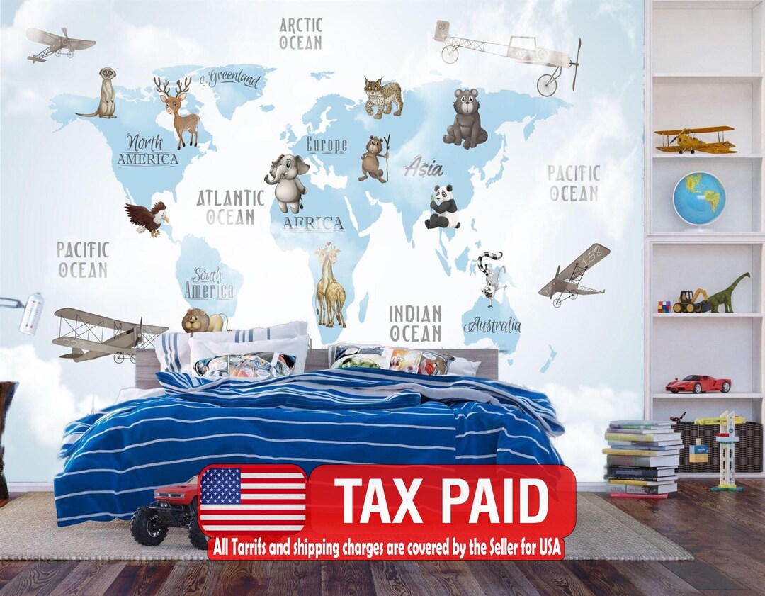Animal World Map Wallpaper Mural, Kids Room Decor, Peel and Stick - Etsy