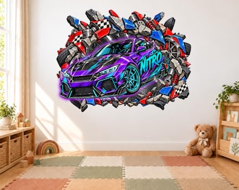 Nitro Racing Supercar Sticker Wall Decal, Exploding Concrete Sports Car Sticker