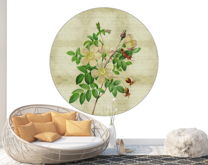 Circle Art Form Vintage Botanic Flower Pastel 2 Photomural Wall Décor Easy-Install Removable Self-Adhesive Peel & Stick High Quality Sticker