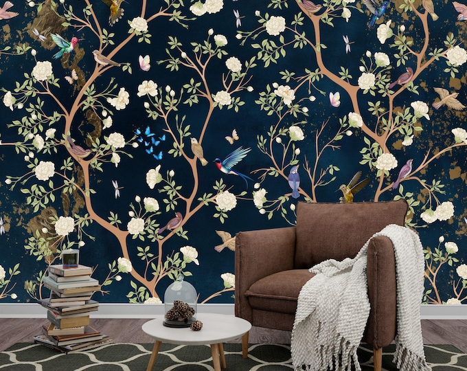 Vintage Chinoiserie Flowers Birds on Pastel Aged Gift Art Print Photomural Wallpaper Mural Easy-Install Removeable Peel and Stick Wall Decal