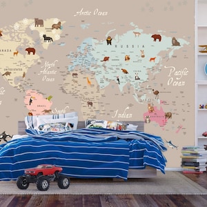 Weltkarte Reise Tiere Wunder Kinderzimmer Dekor Geschenk für Kinderzimmer Einfach zu installierendes Wandbild Tapete abziehen und aufkleben Moderne Kunst Waschbar