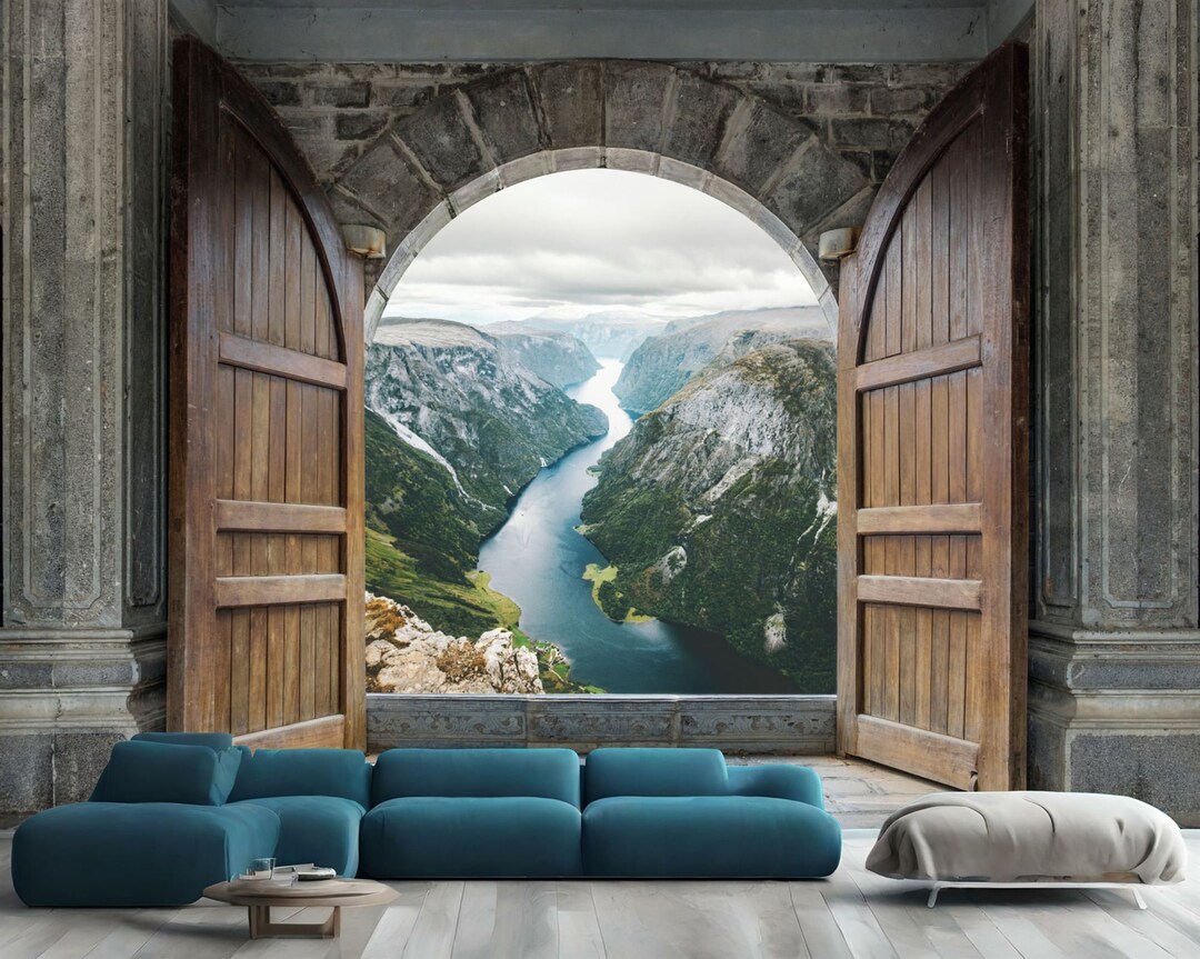 3D reflection woods edge water door mural