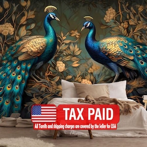 Peacock Wallpaper Mural, Abstract Gold Green Leaves, Peel and Stick Wall Decal