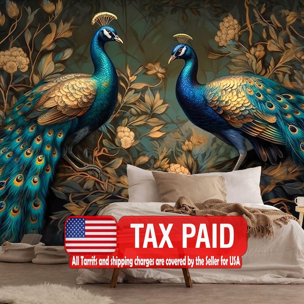 Peacock Wallpaper Mural, Abstract Gold Green Leaves, Peel and Stick Wall Decal