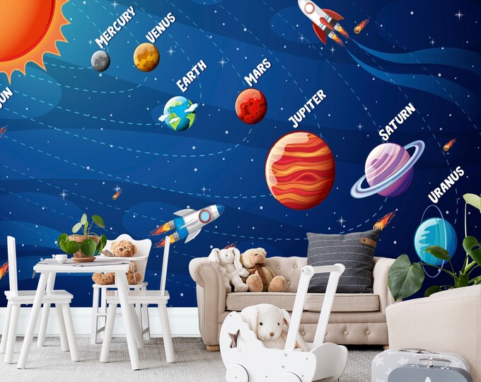 Kids Room Wallpaper Baby Art Print Photomural Solar System Educational Decor Easy-Install Removable Peel & Stick High Quality Washable Vlies