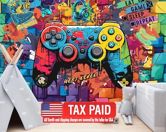 Gaming Kids Room Wallpaper Mural, Game Controller Art Print, Peel and Stick Decal