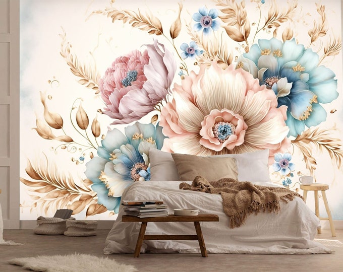 Flowers Abstract Floral in Pastel Colors Gift, Art Print Photomural Wallpaper Mural Easy-Install Removeable Peel and Stick Large Wall Decal