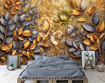 Baroque Flowers Luxury Wallpaper Mural, Rich Deep Colors, Peel and Stick