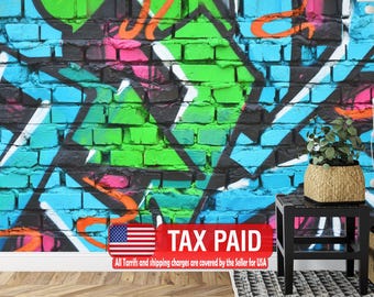 Graffiti Brick Wall Mural, Colorful Urban Art, Peel and Stick Wallpaper