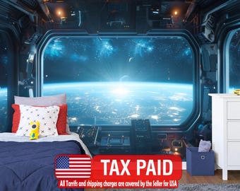 Spaceship Window View Wall Mural, Outer Space Decor, Peel and Stick Wallpaper