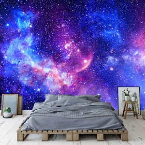 銀河の宇宙に輝く星、紫と青、天文学生成AI、簡単に取り付けられる壁画壁紙、剥がして貼るだけのモダンアート、洗える