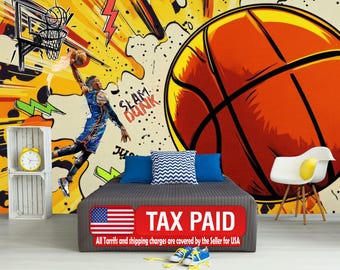 Graffiti Basketball Mural, Urban Gym Decor, Peel and Stick Wallpaper