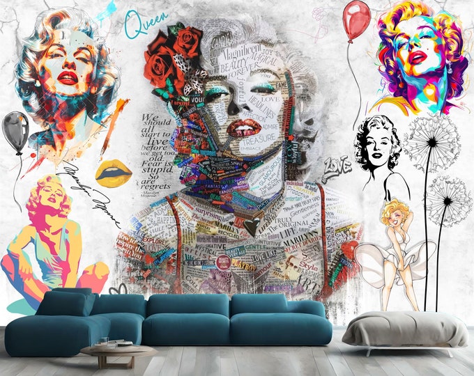 Marilyn Monroe Woman Grey Love Rose Lipstick Collage Gift, Art Print Photomural Wallpaper Mural Easy-Install Removeable Peel and Stick Decal