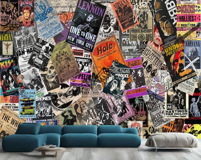 Vintage Concert Posters Wall Photomural Wallpaper Peel and Stick Music Washable Street Art Removeable teenage Wall Decor Print Easy-Install