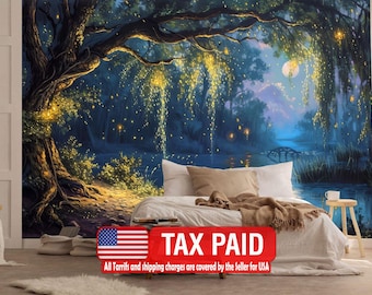 Mystical Forest Tree Wall Mural, Romantic Sky Moon Art, Peel and Stick Wallpaper