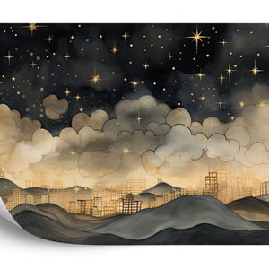 May include: A watercolor painting of a city skyline with gold buildings and a dark blue night sky with gold stars. The city is nestled in rolling hills and clouds.