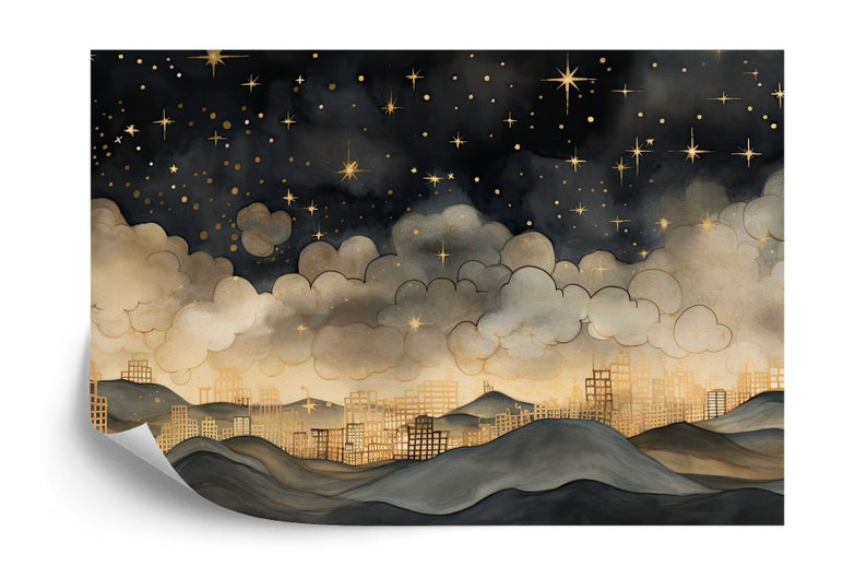 May include: A watercolor painting of a city skyline with gold buildings and a dark blue night sky with gold stars. The city is nestled in rolling hills and clouds.