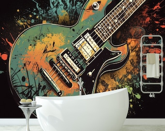 May include: A colorful abstract design featuring a green, black, and orange electric guitar with a white bathtub in the foreground.