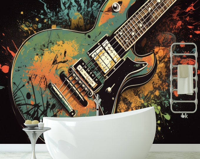 Guitar Coulered Splash Music Wallpaper mural Art Print Photomural Wall Decor Easy-Install Removable Peel & Stick High Quality Washable Vlies