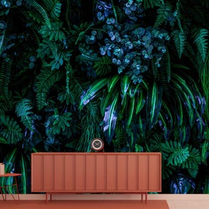 Dunkelblaue und grüne mystische Dschungel-Blumen-Blätter-Geschenk-Kunstdruck-Foto-Wandbild-Tapete-Wandbild einfach zu installieren