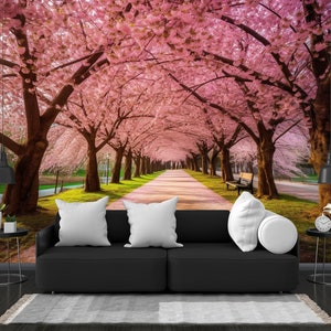 Sakura Pink cherry trees blossoming alley wonderful scenic park Decor Easy-Install Wall Mural Wallpaper Peel and Stick Modern Art Washable