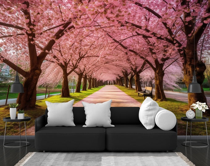 Sakura Pink cherry trees blossoming alley wonderful scenic park Decor Easy-Install Wall Mural Wallpaper Peel and Stick Modern Art Washable