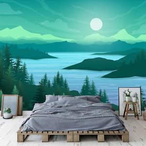 Cartoon Nature scene River Hills forest mountain Wall Gift Art Print Photomural Wallpaper Mural Easy-Install Removeable Peel and Stick Decal