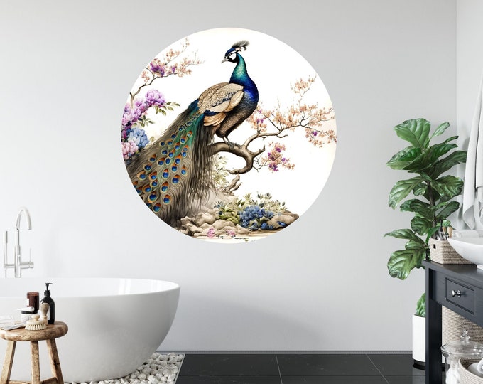 Vintage Peacock Generative AI Circle Poster Photomural Wall Décor Easy-Install Removable Self-Adhesive High-Quality Peel and Stick Sticker