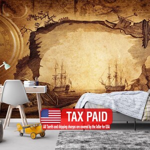 May include: A sepia-toned wall mural featuring a vintage map with sailing ships. The mural includes a compass rose and a detailed illustration of a nautical chart. The room includes a desk, chair, bed, and a toy airplane.