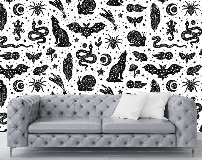Black and White Gothic Astrology Pattern Gift, Art Print Photomural Wallpaper Mural Easy-Install Removeable Peel and Stick Large Wall Decal