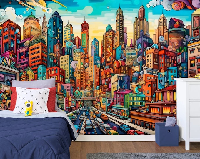 Colorful Cartoon City Streets Kids Room Gift, Art Print Photomural Wallpaper Mural Easy-Install Removeable Peel and Stick Large Wall Decal