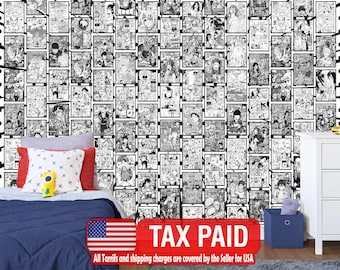 Anime Manga Collage Wallpaper, Black and White, Washable, Removable