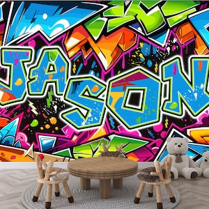 Personalised Name Room Graffiti Gaming Playing Kids Room Gift, Art Print Photomural Wallpaper Mural Removable Peel and Stick Wall Decal