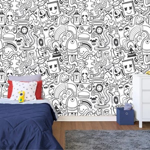 モダンな白黒落書き壁画 子供部屋へのギフト ホームデコレーション 簡単に取り付けられる壁画壁紙 剥がして貼るだけ モダンアート 洗える壁画
