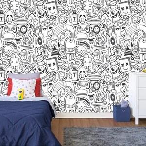 Modern Black and White Doodle Mural Gift for Kids room Home Decor Easy-Install Wall Mural Wallpaper Peel and Stick Modern Art Washable Mural