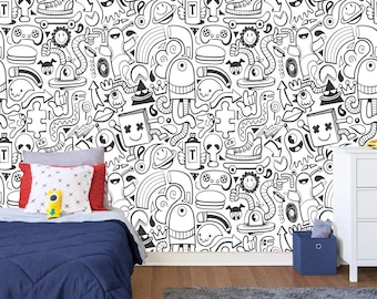 Modern Black and White Doodle Mural Gift for Kids room Home Decor Easy-Install Wall Mural Wallpaper Peel and Stick Modern Art Washable Mural